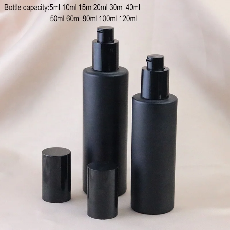 Fancy empty cylinder round 30ml 50ml 60ml 100ml 120ml matte black glass cosmetic emulsion bottles packaging with pump (GLC09)