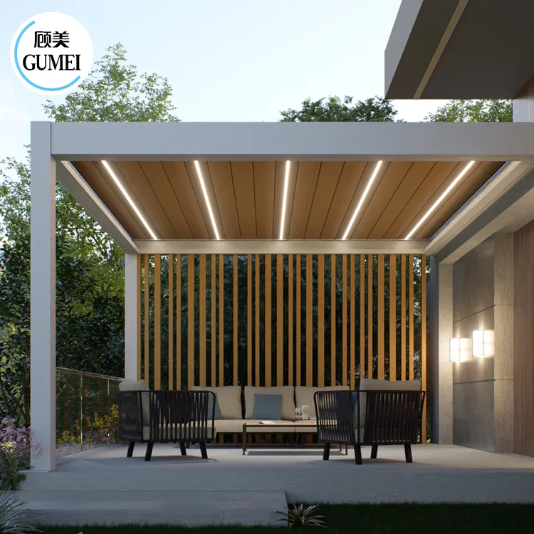 Wall-Mounted Outdoor Waterproof Aluminum Pergola  Roof System Bioclimatic Motorized Retractable Louvre Awning