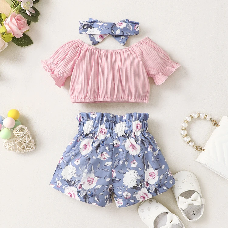 Summer Baby Clothing Sets Puff Sleeve Ruffle Top Print Shorts Infant Outfits Newborn Baby Girls Clothing Set