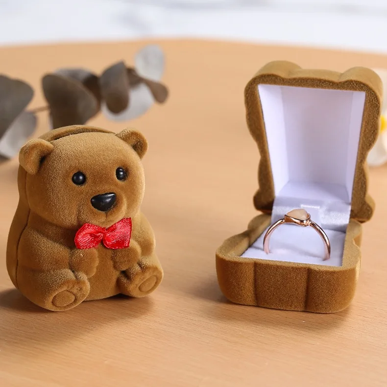 Cute Little Bear Ring Box Velvet Earring Jewelry Box Display Storage Case Gift Box for Proposal Engagement Wedding