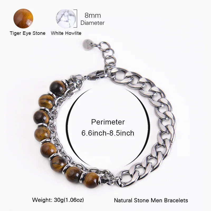 2022 New Latest 8 mm Natural Stone Lava Rock Tiger Eye and Stainless Steel Link Chain Two Layered Men Bracelet