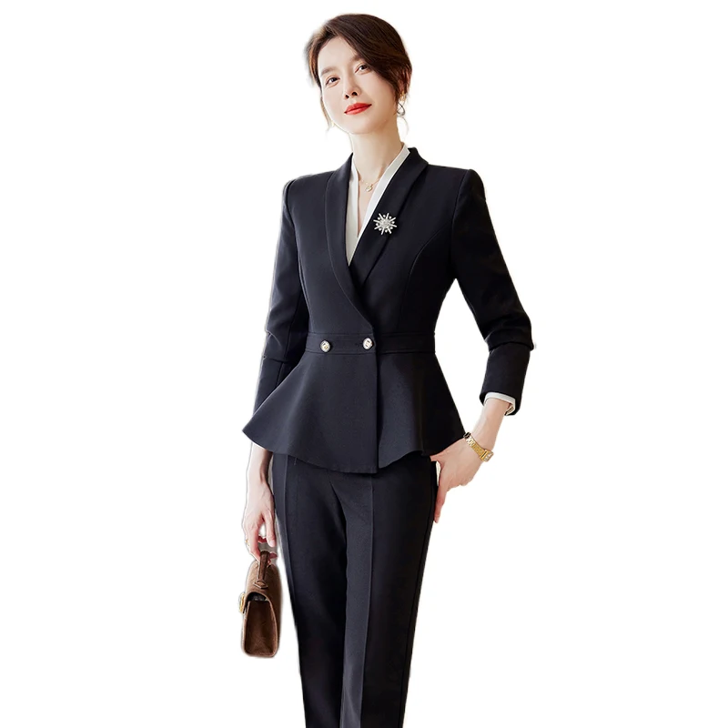 China Factory OEM Wholesale Single Breasted Navy 2 Piece Set Women Business Trouser Suits Office Lady Simple Blazer Pant