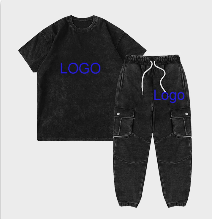 Kids Clothing Sets European and American Brand High Street Black Vintage Washed Short Sleeve Tshirt Trousers Multi Pocket Suits