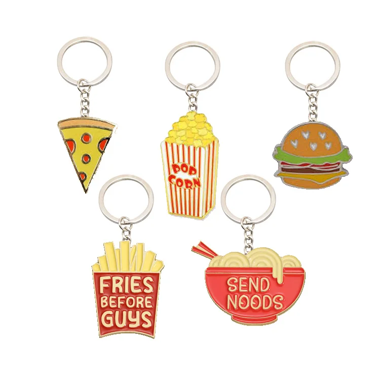 Wholesale Manufacture Snack food Caloric food Enamel Keychain Custom Hamburger Pizza Noodles French fries Chicken Popcorn Alloy