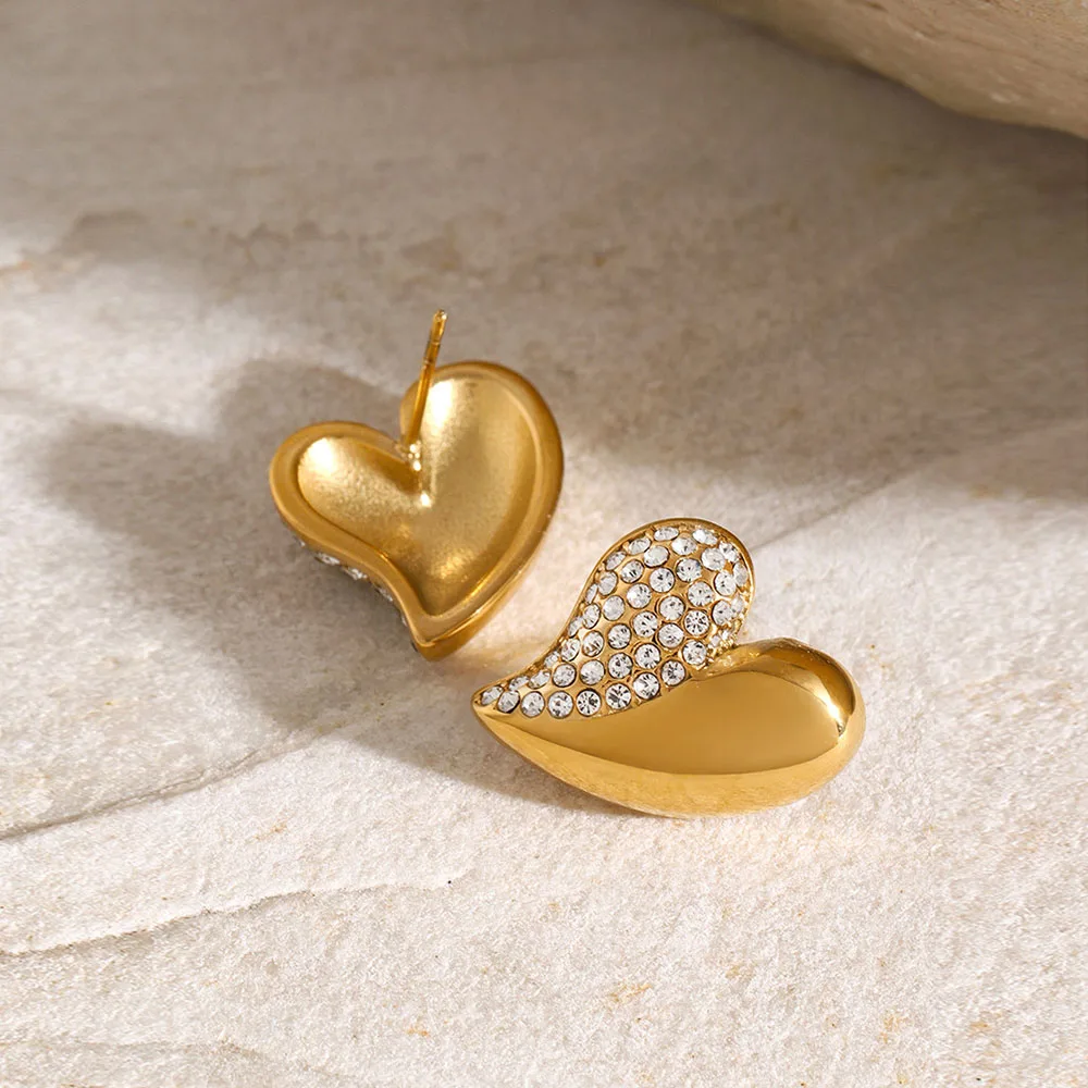 Luxury fashion 18K gold stainless steel half smooth half encrusted zircon love jewelry earrings for women