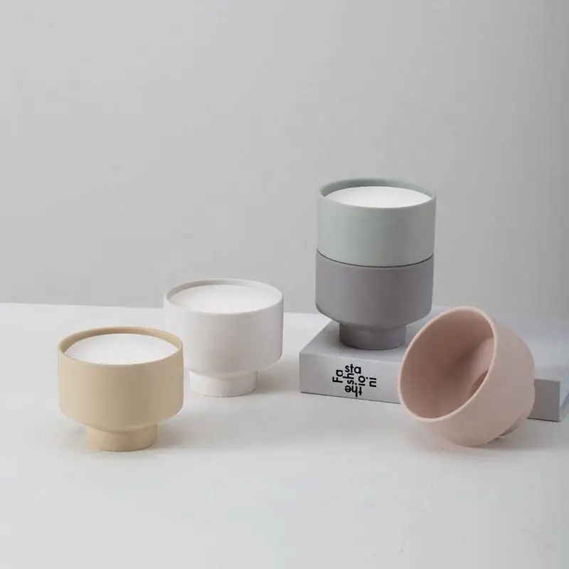Custom Nordic Cylinder Small Luxury Decorative Matte Color Empty Geometric Ceramic Candle Vessel With Lid