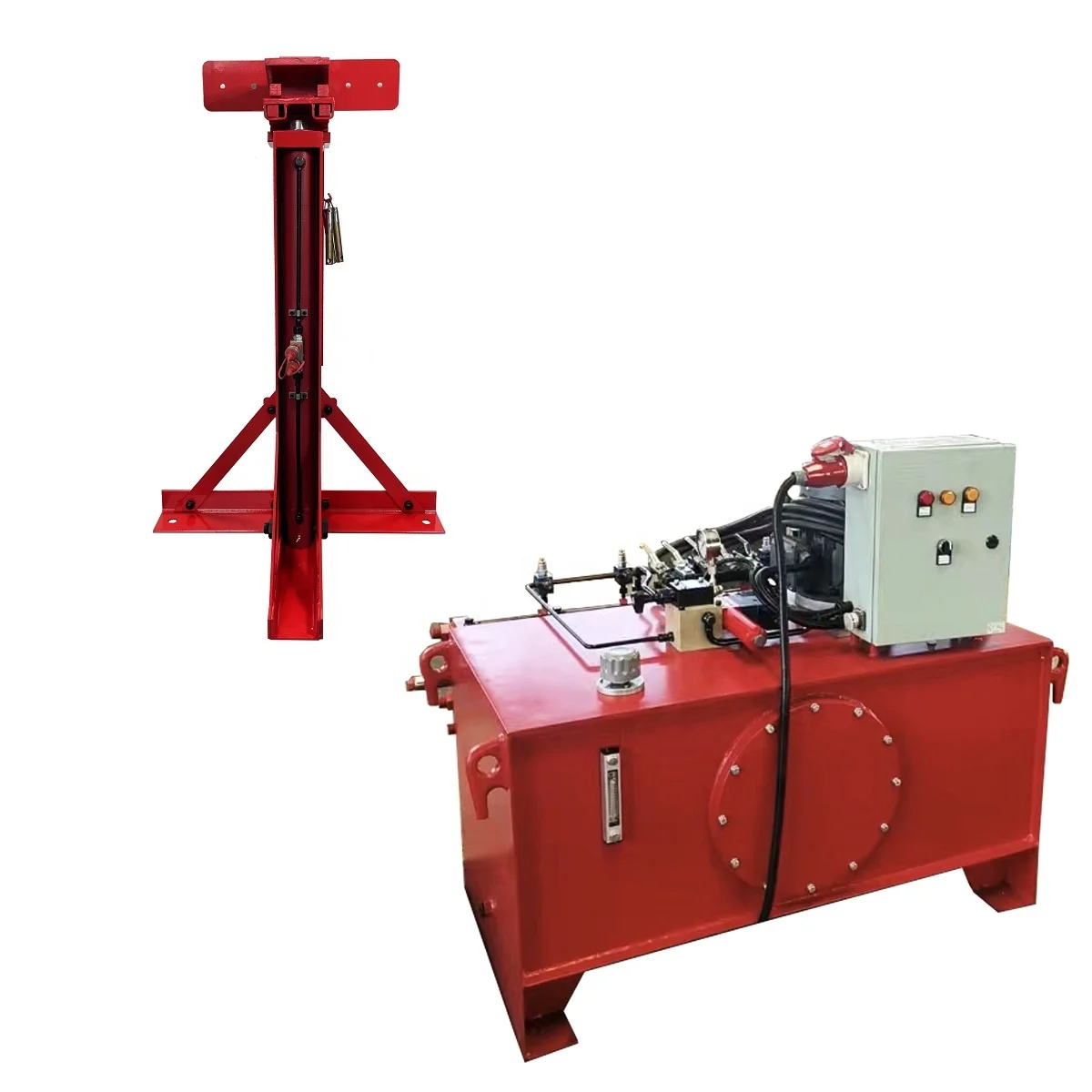 Container lifting jack system with synchronous hydraulic pump station for grain silos