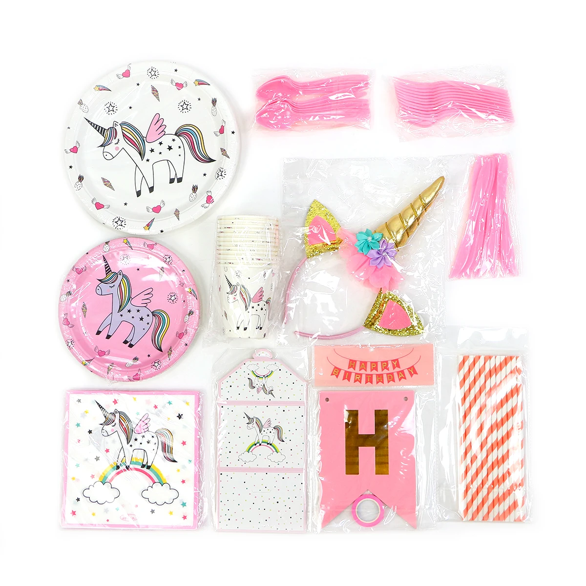 
Xiamen Stone Pink Birthday Party Tableware, 112PCS Unicorn Party Supplies Including Paper Plates Napkins Cups Banner Tablecloth 