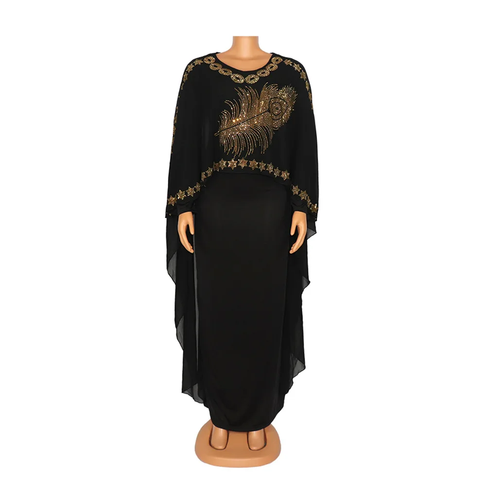 Womens Abaya Sequined Dresses Black Moroccan Dubai Abaya Kaftan Muslim Two Piece Suit  Dress