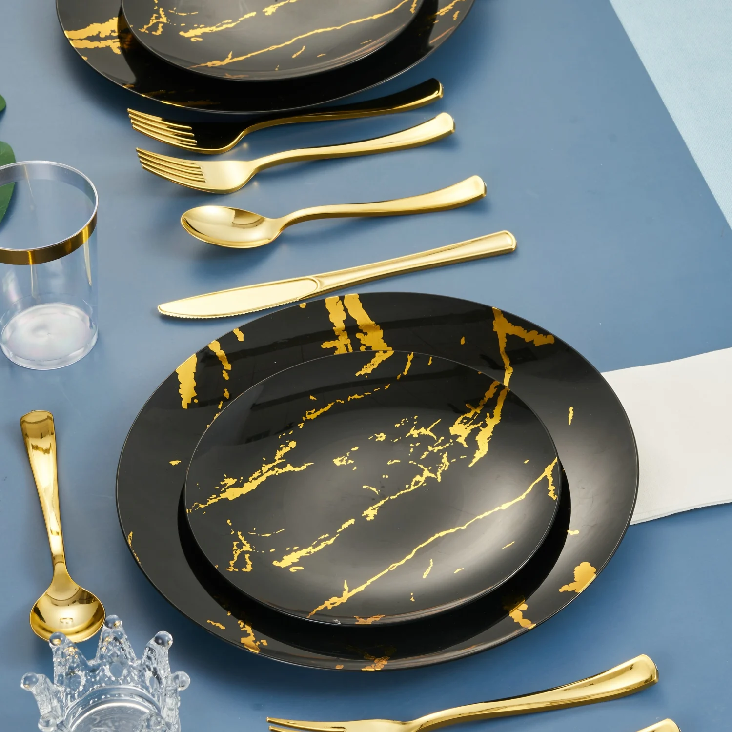 Modern marble pattern luxury wedding party plastic gold plate flatware cutlery dinnerware