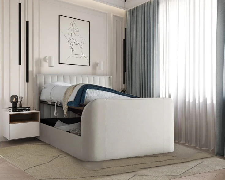 Natural Fabric Winged USB Ottoman Electric Media TV Bed