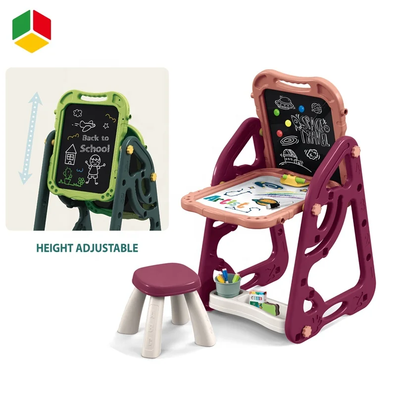 QS Wholesale Education Toy Double-sided Easel Stand Dry Erase Writing Painting Table Drawing Board With Chair Kids Gift Toys