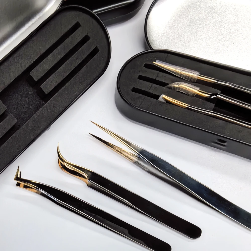 Lash Isolation Tweezers Private Label Fiber Tip Custom Gold Black Logo Box Package Lash Extension Tweezers