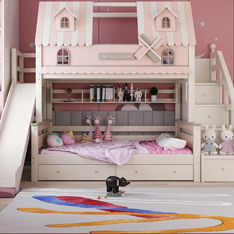 MIDOSO Beauty Modern Hotel Children Dormitory Bedroom Furniture Kid Double Loft Beds Set with Slide Bunk Wooden Wood Pink 1 Set