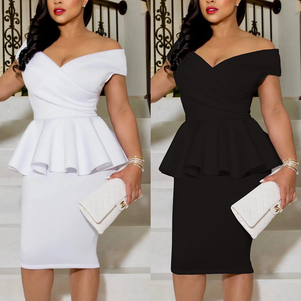 Off Shoulder Bodycon Dress Women Ruffle V Neck Ladies Pink Peplum Dress