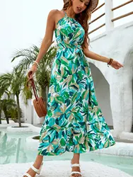 Tropical Print Belted Ruffle Hem Dresses, oem clothing vestidos para mujer women ladies summer dress 2023