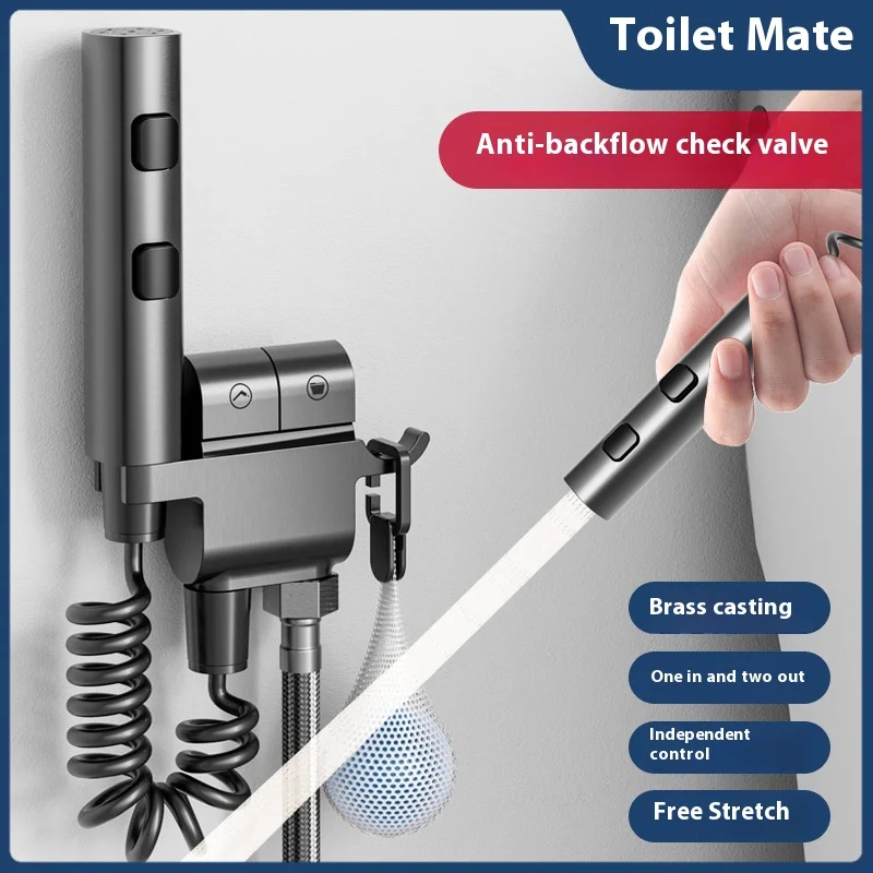 All-Copper High-Pressure Toilet Spray Gun Stainless Steel Bidet Flusher Companion for Household Bathroom Cleaning One in Two out