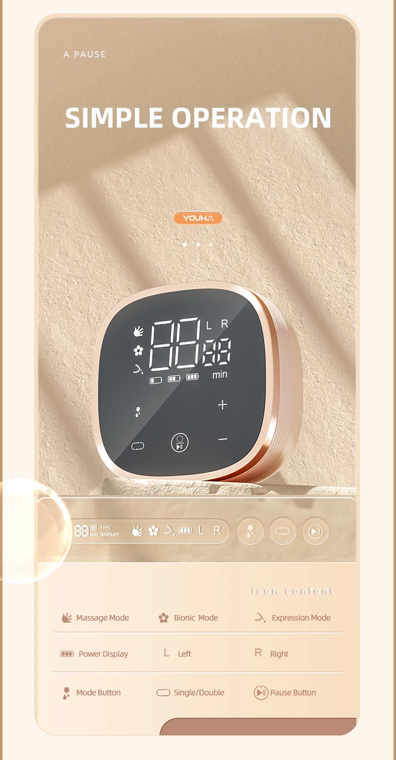 YOUHA new design double motor electric breast pump ,5x10 modes baby feeding pump with pause function