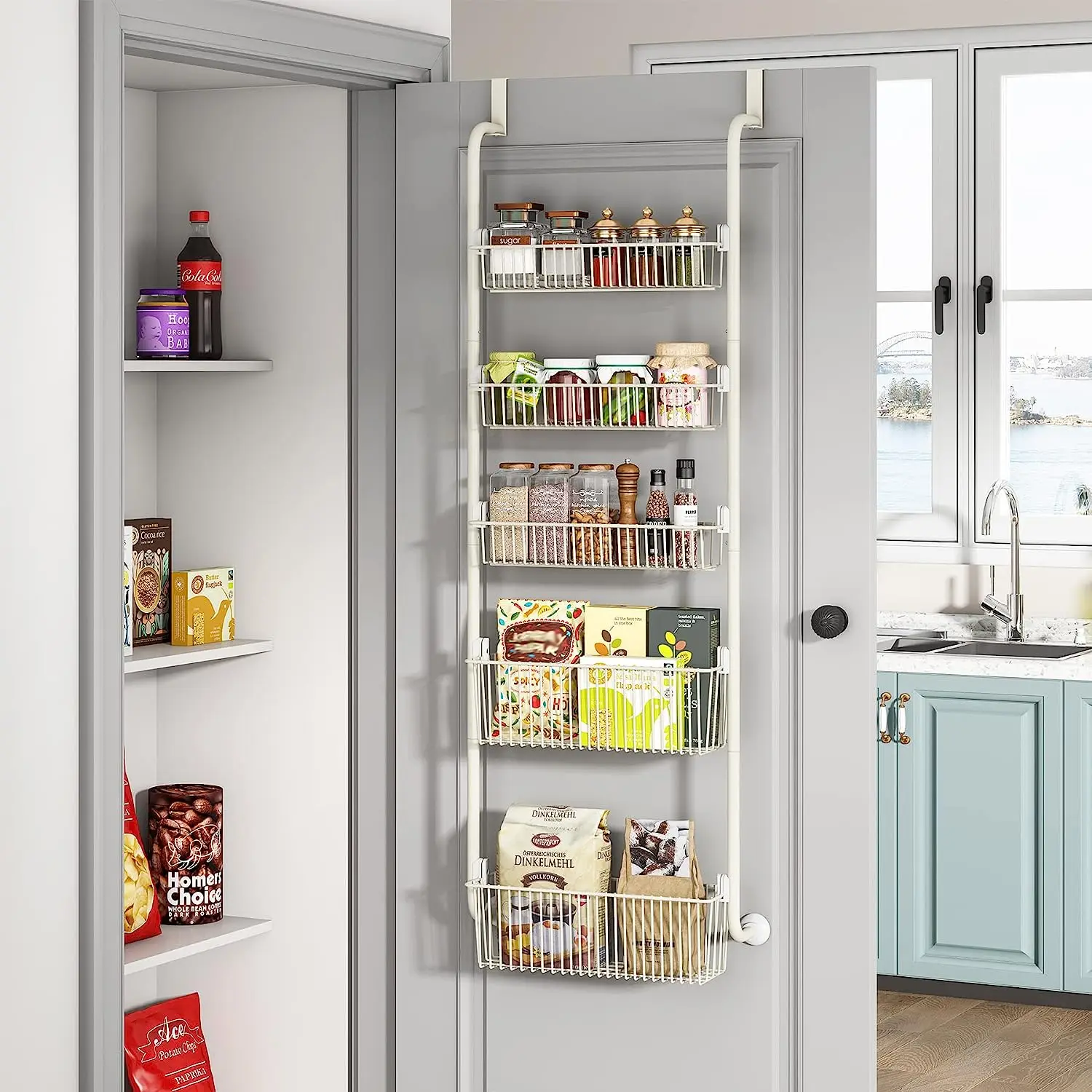 Over the Door Organizer 5-Tier, Pantry Door Storage , Heavy-Duty Metal Back of Door Spice Rack Door Shelf Organizer