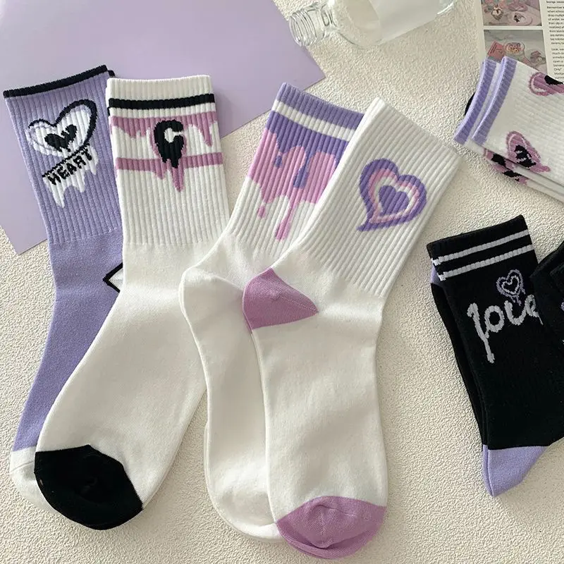Jingwen women cotton material purple suit mid-tube cartoon sports socks