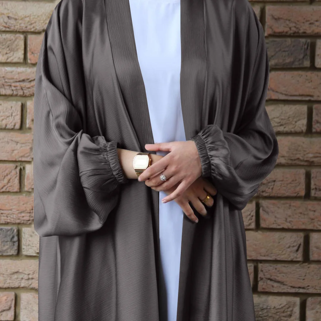 Eid Women Abaya Dubai Soft Solid Puff Sleeves Muslim Dress Silky Kaftan Dubai Turkey Muslim Robe Islamic Clothing Cardigan