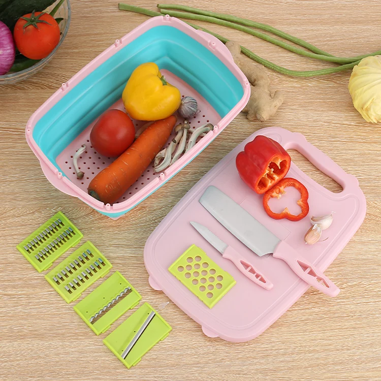 2024 New Design Kitchen Tools dishwasher safe Multifunctional Cutting Board Set With Folding Drain Basket
