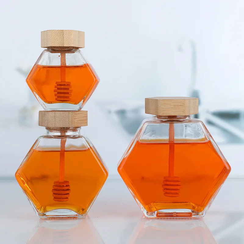 Hot selling Hexagon Shaped Wood Lid Glass Honey Jar With Dipper Kitchen&Tabletop Honey Glass Bottle