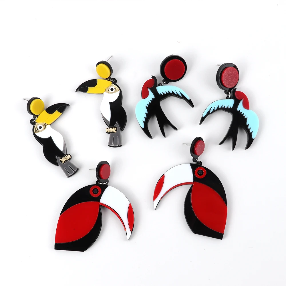 Summer New Bohemia Colorful Fly Bird Dangle Earrings Woodpecker Flamingos Sparrow Parrot Swallow Acrylic Resin Drop Earrings