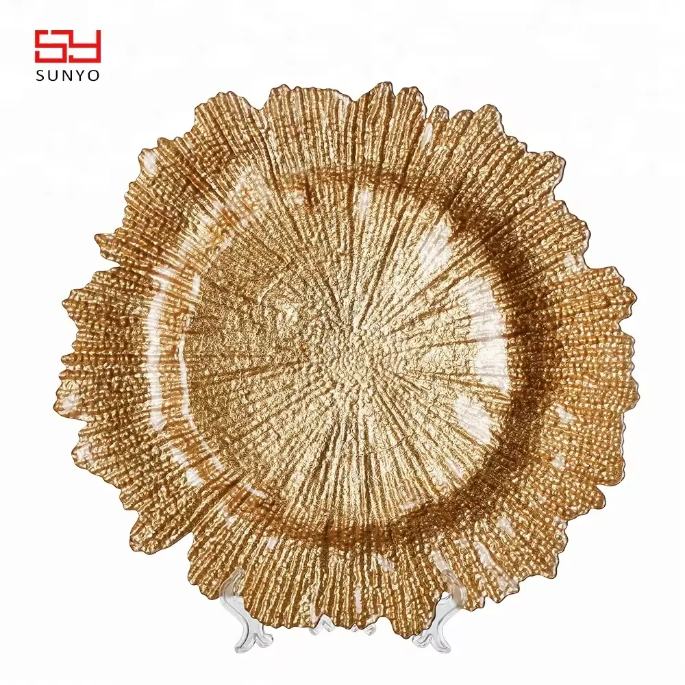 Hot Sale Luxury Vintage Cheap 13inch Reef Gold Electroplating Glass Dinner Plates
