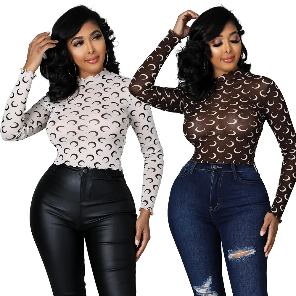 KX-OS6565  Latest arrival ruffled collar ladies crop tops long sleeve fashion print sexy mesh woman tops