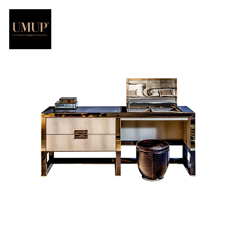 High end Italian Leather Cover Make-up Dresser Table Set with Mirror and Chair Luxury Dressing Table