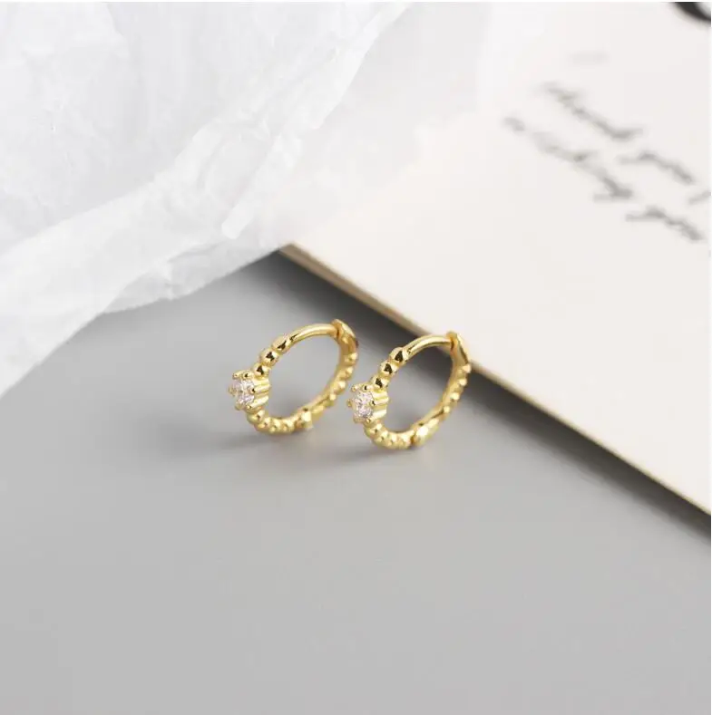 18k gold sterling silver earrings fashion Women Teen Girls Simple Trendy Small Gold Beaded Hoop Earrings with Diamond