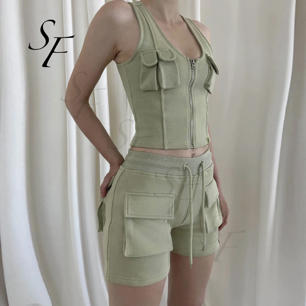 Custom Jogger High Quality Summer French terry Zip Up tank top Sleeveless Cargo shorts 3D Pockets Two Piece Sets for Women