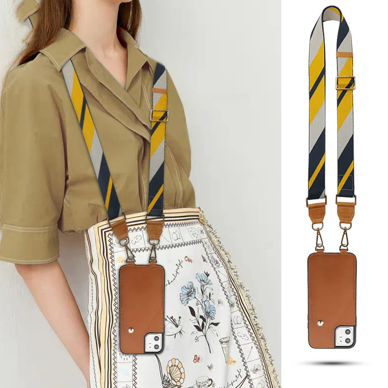 Customizing Premium Textile Strap Genuine Cowhide Wallet Style Crossbody leather Phone  Case