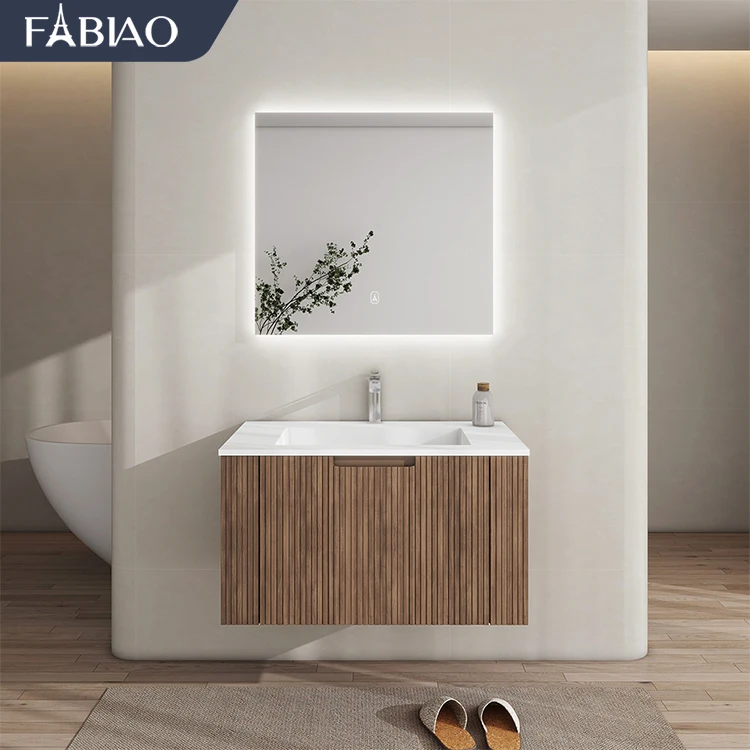 Wholesale Natural Oak Wood Wall Mounted Vanity Plywood Cabinet Single Sink Bathroom Vanity