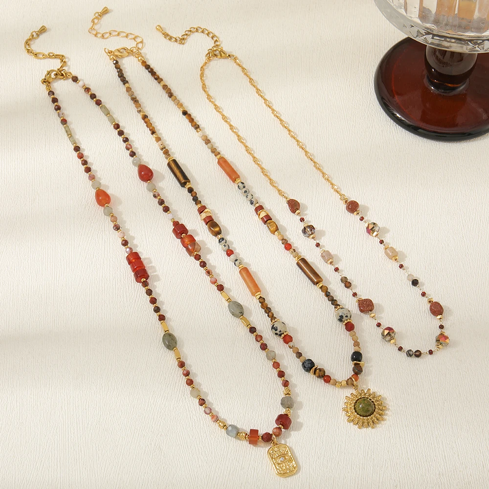 fashion tiger eye stone spotted stone red agate handmade sun pendant beaded necklace trendy