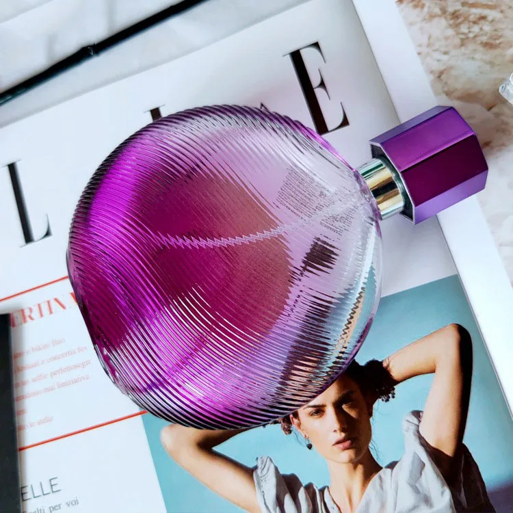 free sample  100 ml 100ml gradient purple color flat round empty glass perfume bottle with gold spray pump