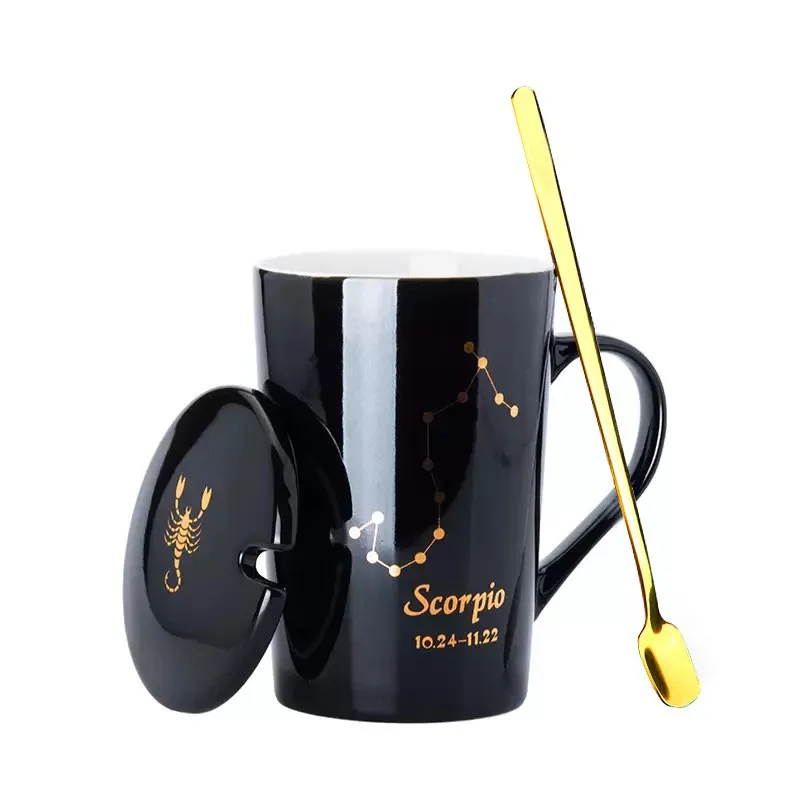 450ML Fashion Constellation Horoscope Ceramic Mug Couples Drinking Cups Coffee Mug with Lid and Spoon