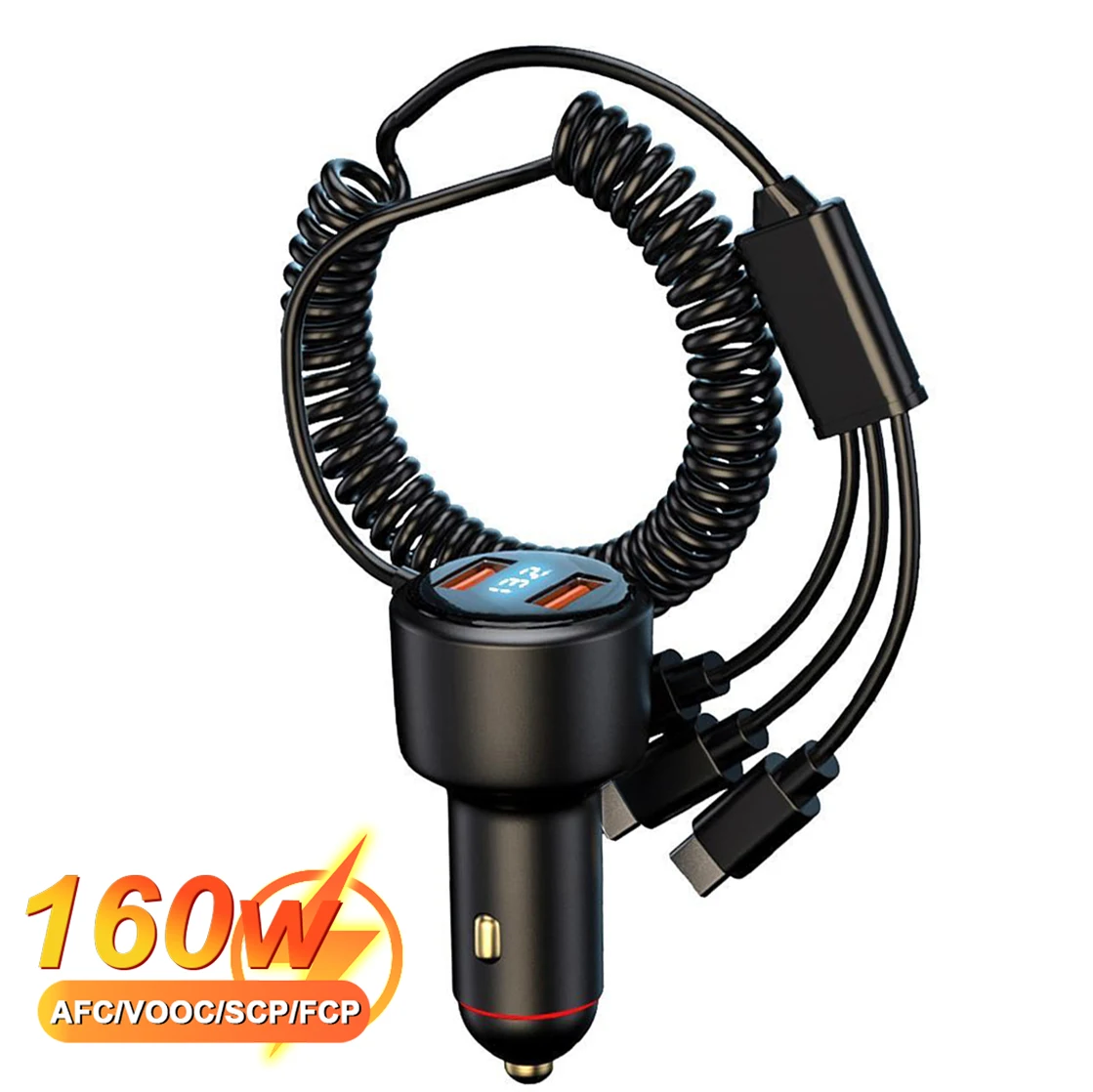 EONLINE Dual USB 160W Car Charger 5 in 1 Fast Charging Car Adapter with USB-C&Micro USB Cable for Samsung iPhone Android Phones