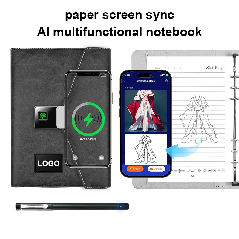 Factory price Business gift smart diary 15w 8000mah power bank sync AI smart notebook with wireless charging with App