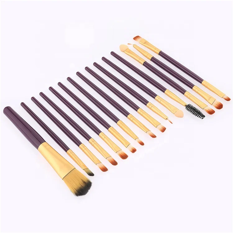 15 Pieces Purple Gold Aluminum Ferrule Makeup Brush Set With Custom Logo Private Label