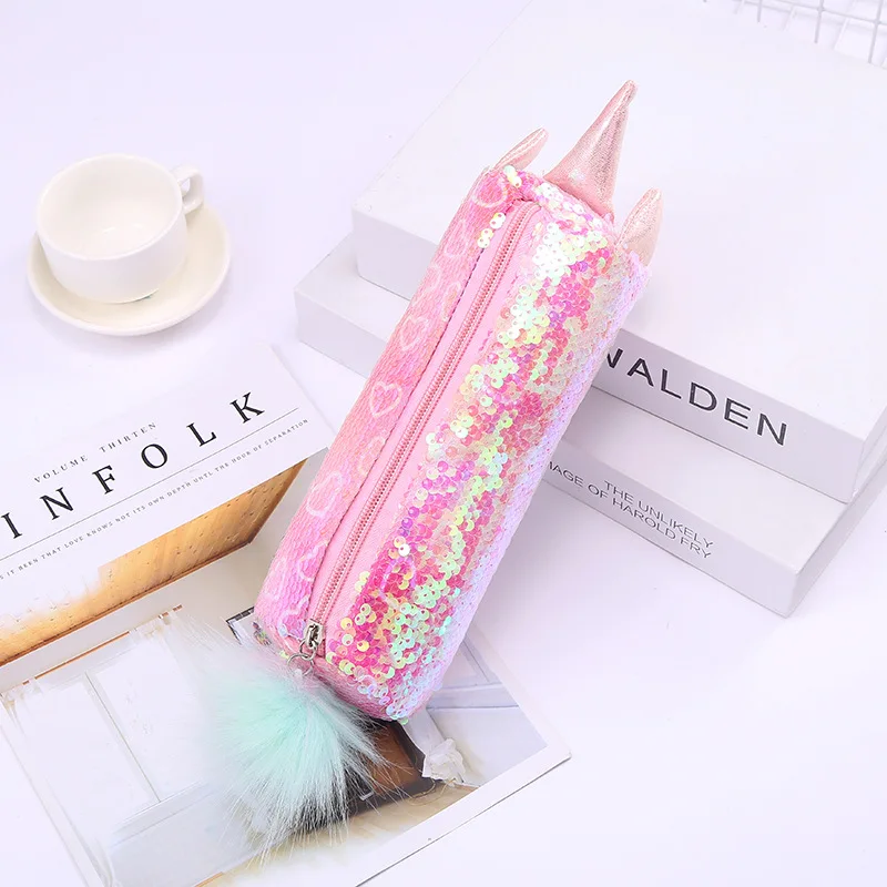 Student candy color sequin cartoon pencil case stationery storage bag laser plush pencil case wholesale