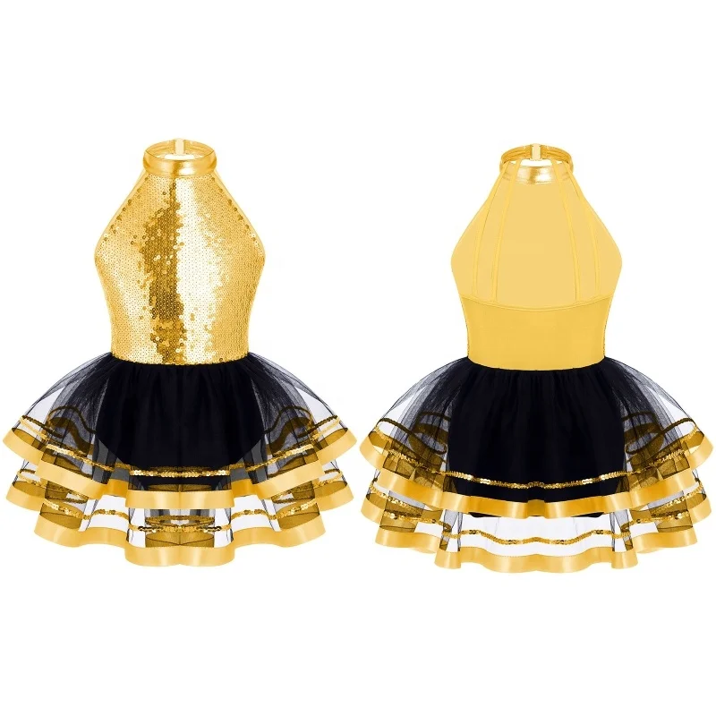 4-16 Kids Dance Costume Girls Stylish Clothing Sleeveless Round Sequins Tutu Mesh Dance Dress