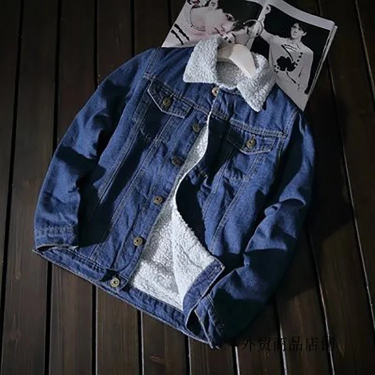Wholesale Custom light blue 100% cotton denim washed fleece lining winter jeans jackets men wholesale for men