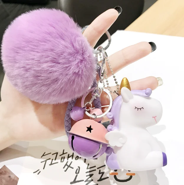 Newest Fashion Cute Bag Jewelry Bell Fur plush Ball Keyring Unicorn Charm Fluffy Pompom Keychain plush