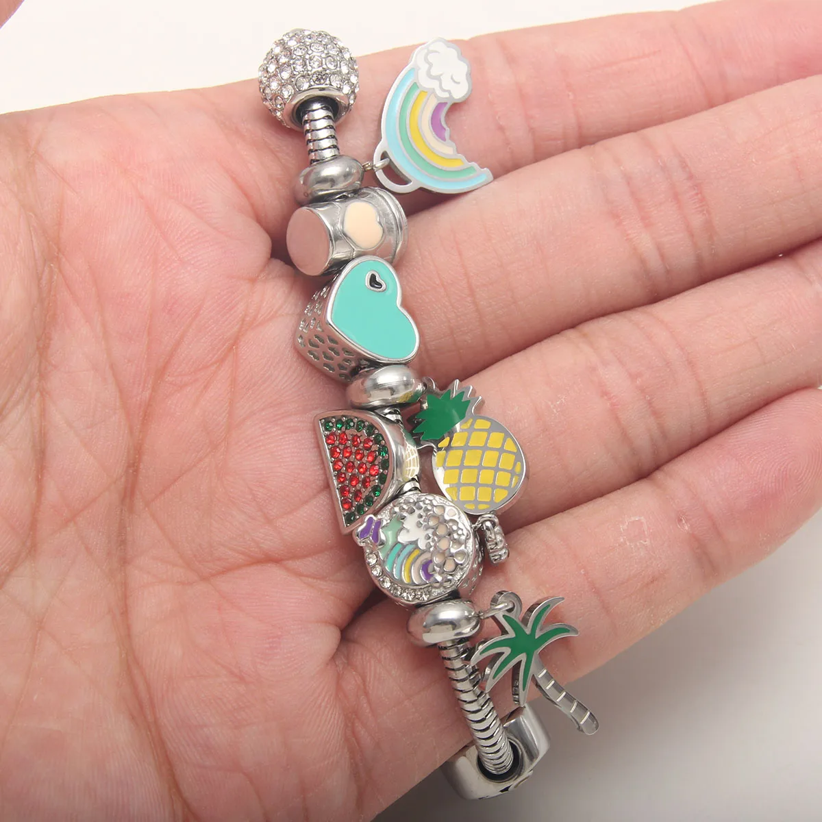 Fashion Washable Stainless Steel DIY Zircon Bangles Waterproof Bone Chain Beads Pendant Bracelets Jewelry Accessories