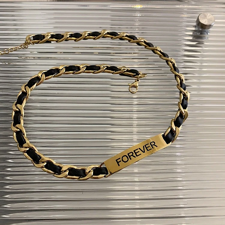 14k Gold Plated Stainless Steel 316L Leather Link Necklace French Retro Vintage Ladies Cuban Chain Choker Necklace