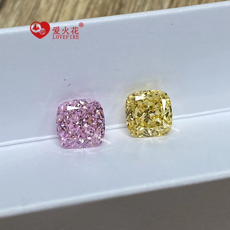 artificial gemstone top quality of high crushed ice cut cushion yellow light pink loose cubic zirconia for jewelry