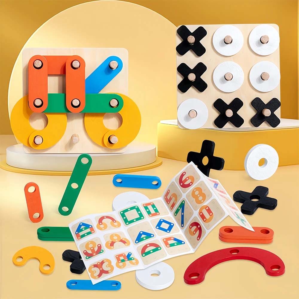 Factory Kids Creative Geometry Puzzles Board 2 In 1 Montessori Tictactoe Toys Children Educational Wooden Jigsaw Puzzles Toys