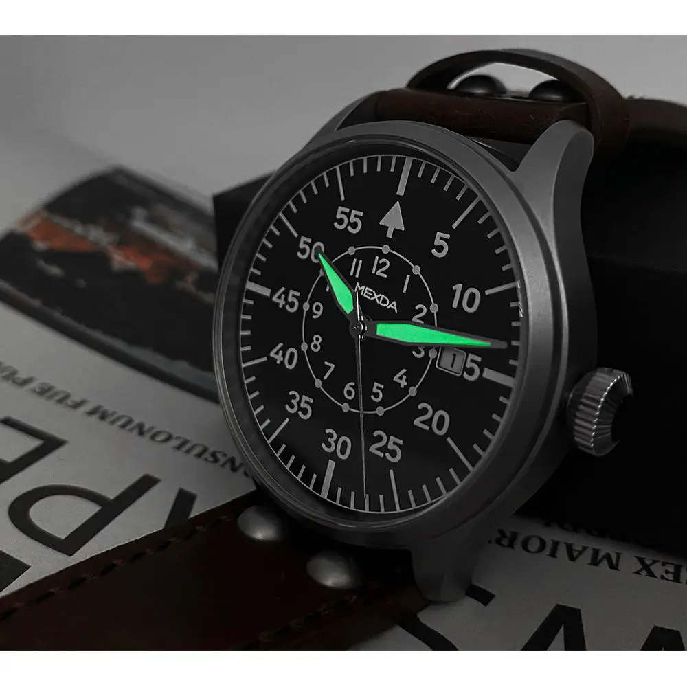 Mexda Relojes Sapphire Crystal Pilot Watches for Men Luminous 10atm Waterproof Date Display Brown Leather Strap Mens Watch